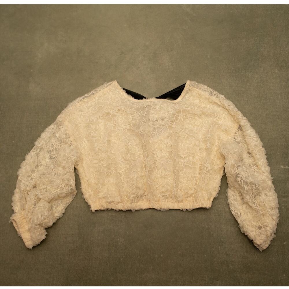 Zara Cream Tulle‎ Floral Lace Crop Blouse with Black Back Bow Coquette Twee